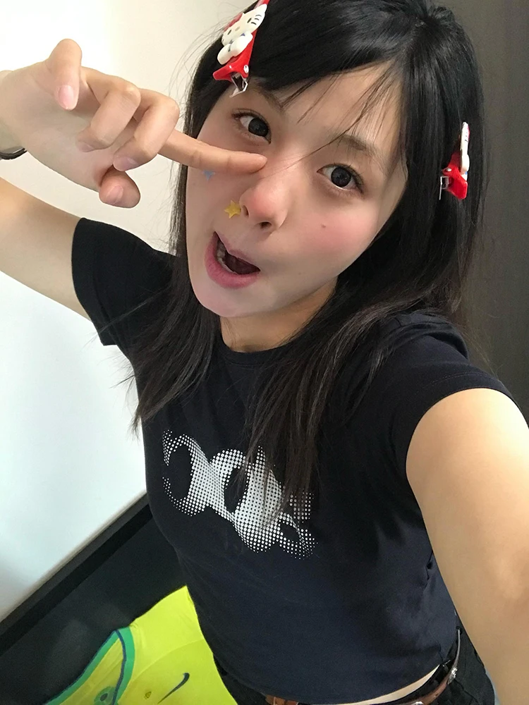 T-shirt coreana Sle ort Sve da donna estiva slim fit stampata in misto cotone poliestere rotondo Ne casual versatile Top