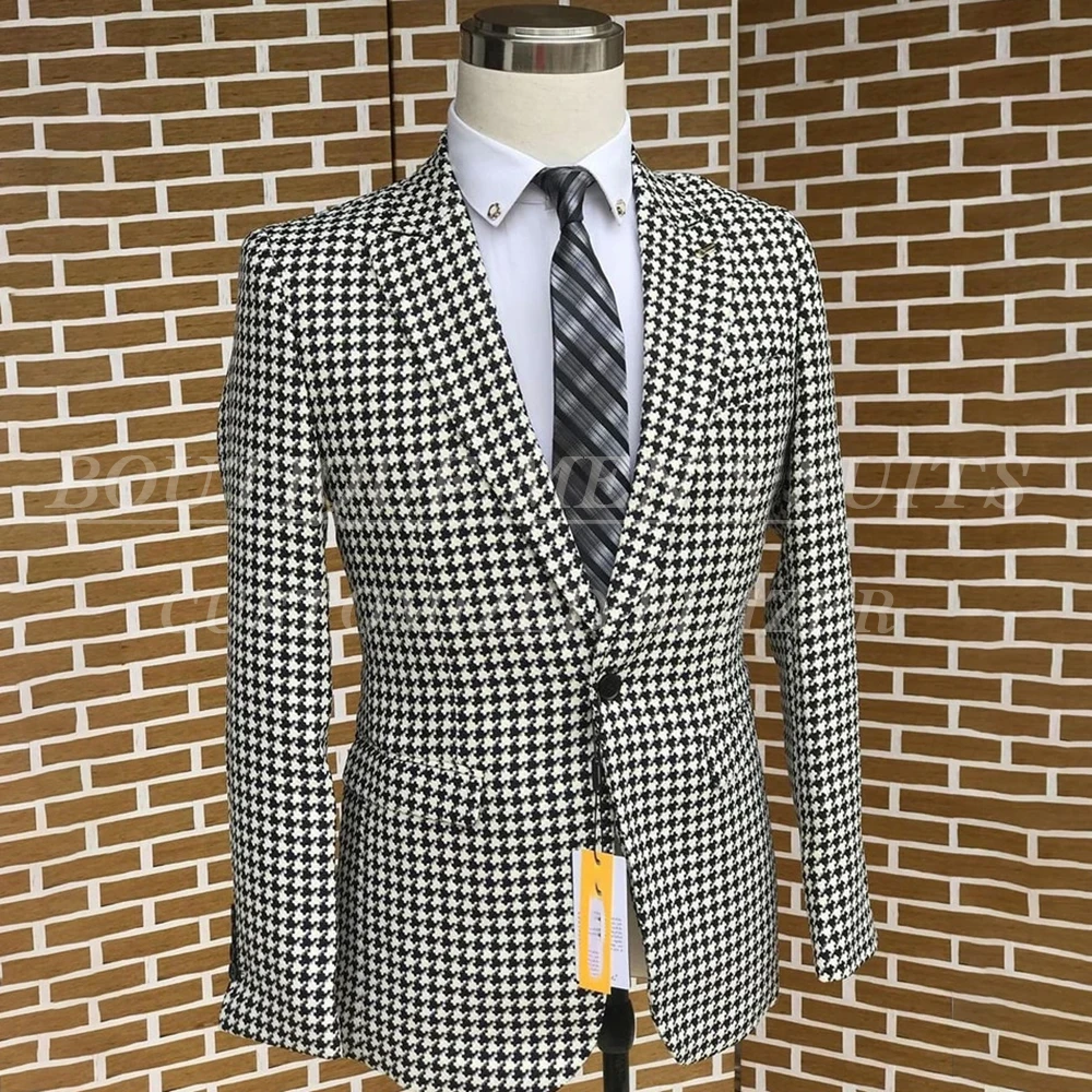 

Classic Houndstooth Men's Suits Fashion One-Button Peak Lapel Slim Fit 2 Piece Jacket Pants Outfits High Quality Male Clothing