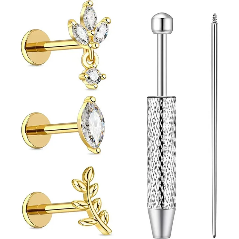 5Pcs Stainless Steel Internal and External Thread Stud Earrings F136 Titanium Alloy Flat Lip Rings Female Copper Lobe Earrrings
