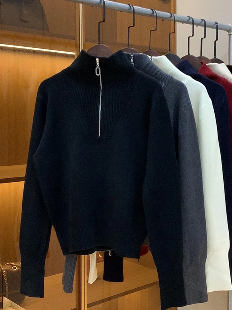 Faionable Strickpullover für Damen, mit Reißverschluss, Umlegekragen, schlankmachende Overhead-Innenbekleidung, Winter 2024, lockere Passform, lang, Sve