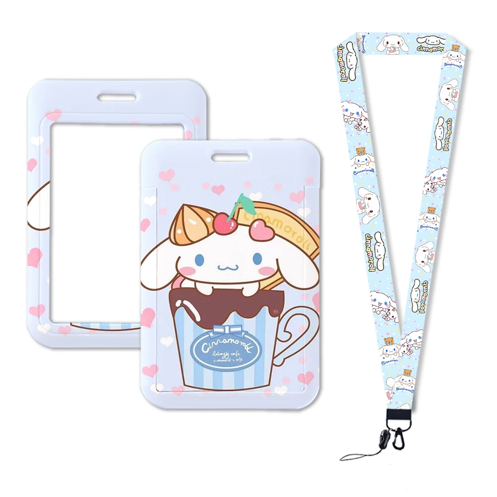 W Cinnamoroll-ID Badge Holder para Meninas, Cordão, Clipe Retrátil, Deslizamento, Titulares De Cartão De Crédito, Correia De Pescoço, Porta Cartão Case, Chaveiro Carretel