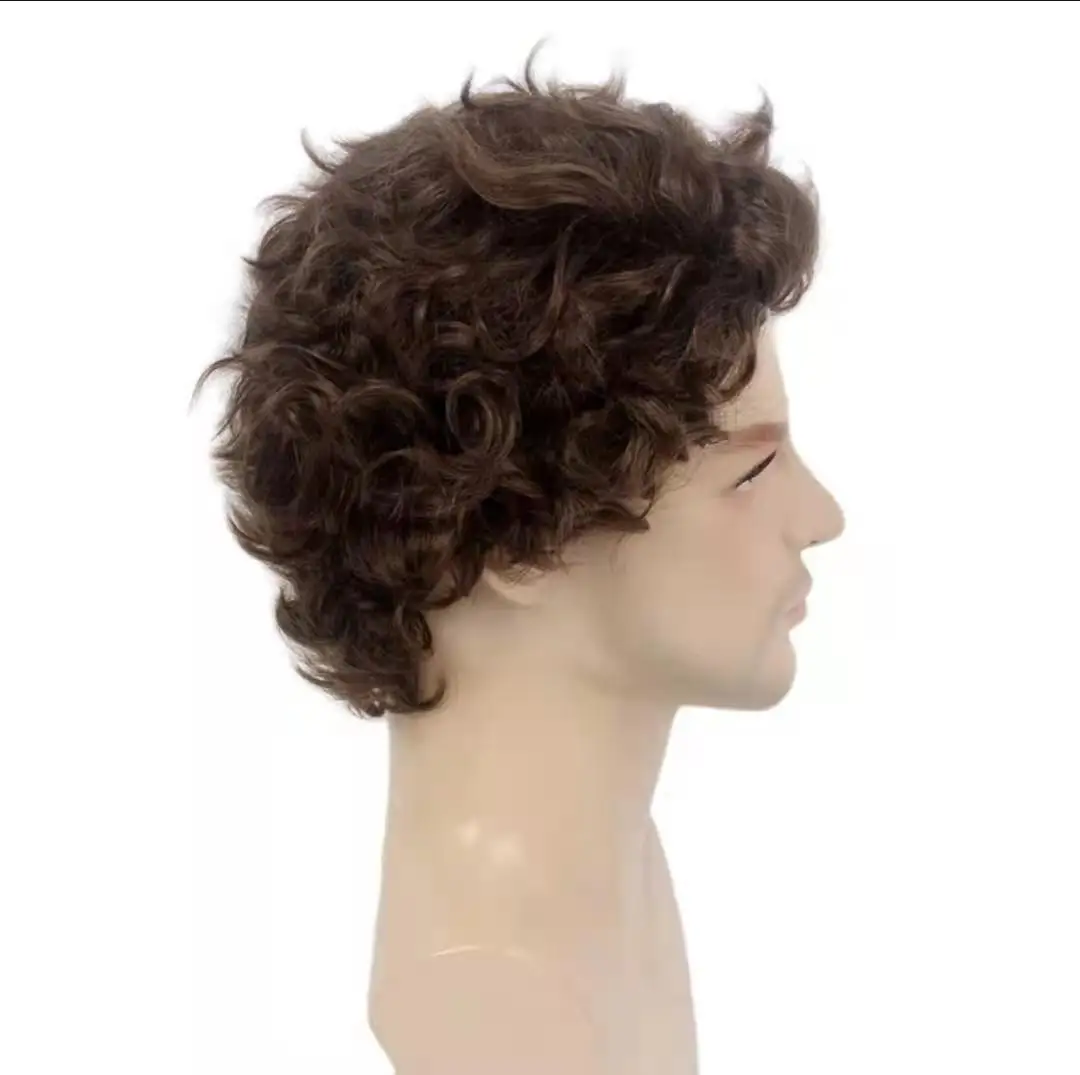 Short Curly Synthetic Natural Wave Wig With Bangs For Men Fiber Daily Wear Curly Fashion Male Wig High Temperature