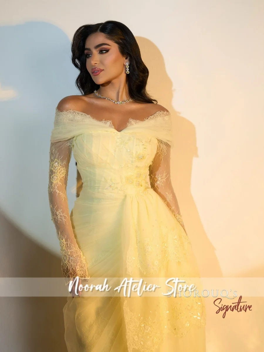 Nuevo amarillo personalizado de encaje elegante vestidos de noche lujosos 2025 mangas Illuison vestido Formal vestido de novia largo Veestidos