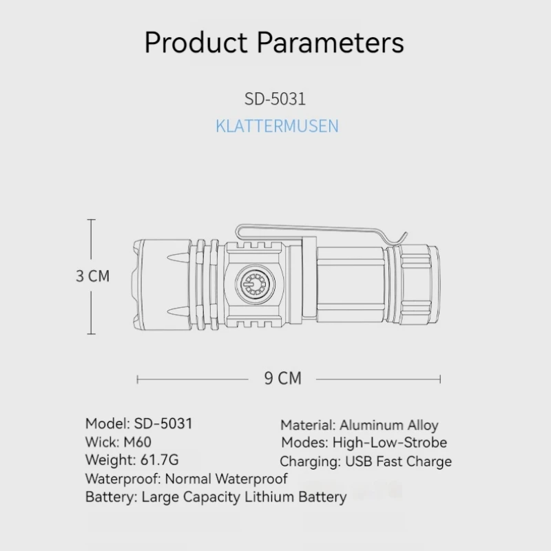 Smiling Shark SD5031 Mini USB Rechargeable Flashlight, M60 Zoomable Pocket Torch,Portable with Clip Design,for outdoor camping