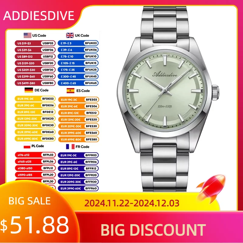 ADDIESDIVE Luxury Watch Stainless Steel 100M Waterproof BGW9 Luminous Quartz Watches Bubble Mirror Glass AD2066 Men's Wristwatch