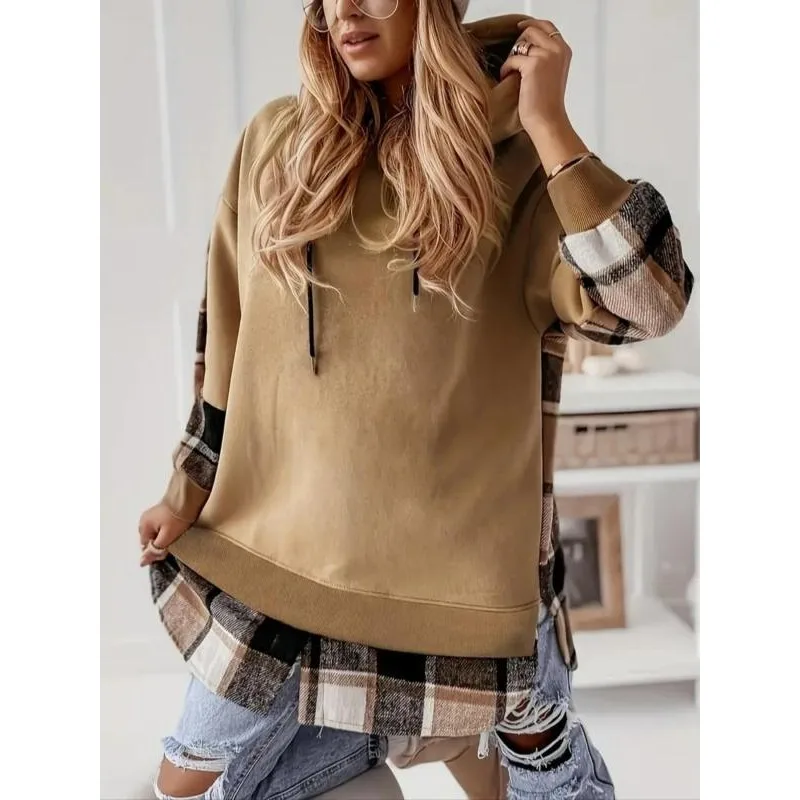 

Plus Size 1XL-5XL Fashion Women's Spring Velvet Pullover Hoodie Plaid Splicing Casual Hooded Sweatshirt Fake Two-Piece Set Top