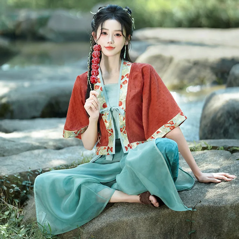 

Комплект брюк в китайском стиле Hanfu, женский костюм из трех предметов с вышивкой, шалью, жилетом и брюками, милый костюм для девушек, новая мода 2024