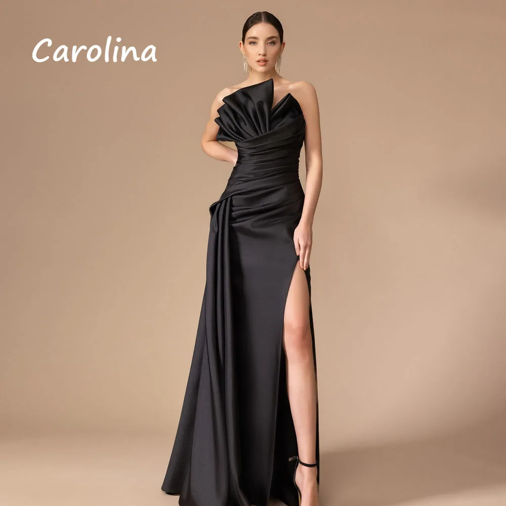 

Carolina Satin Strapless Pleat Customized Prom Gown Saudi Arab Slit Boat Neck Floor-Length Chic And Elegant Evening Dress 2025
