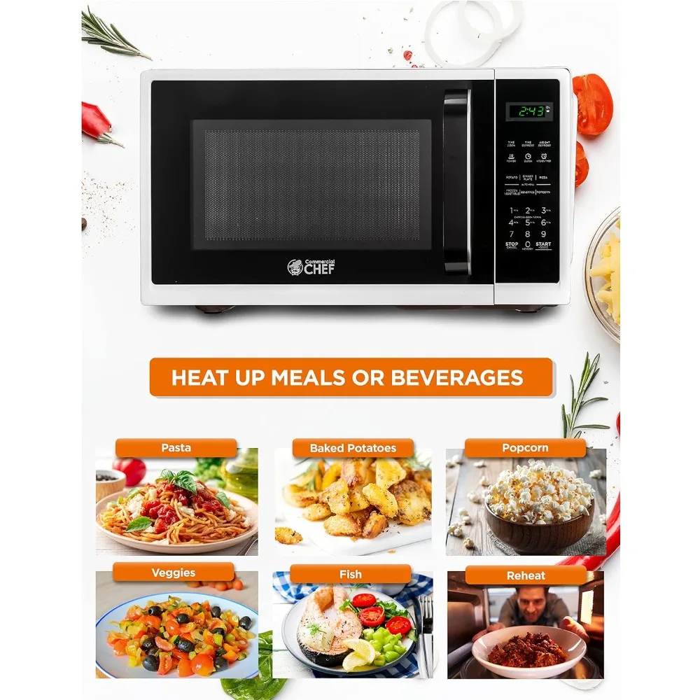 Micro-ondas pequeno com alça de aperto, 0,9 pés cúbicos, display digital 900W, fechadura e temporizador de cozinha, branco