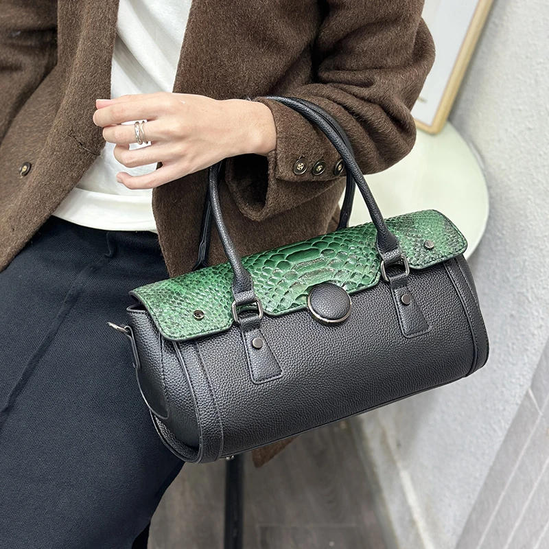 Vintage Leopard Print Patchwork Bag Women Luxury Grained Vegan Leather Cylinder Handbag Retro Y2K Boston Bag Crossbody Purse