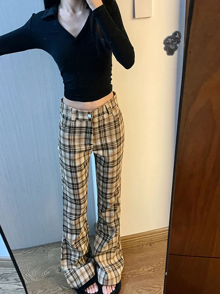 Donne coreano moda Plaid Flare pantaloni lunghi campana fondo Grunge pantaloni Slim Gyaru Y2k giapponese Streetwear 2000s estetico retrò