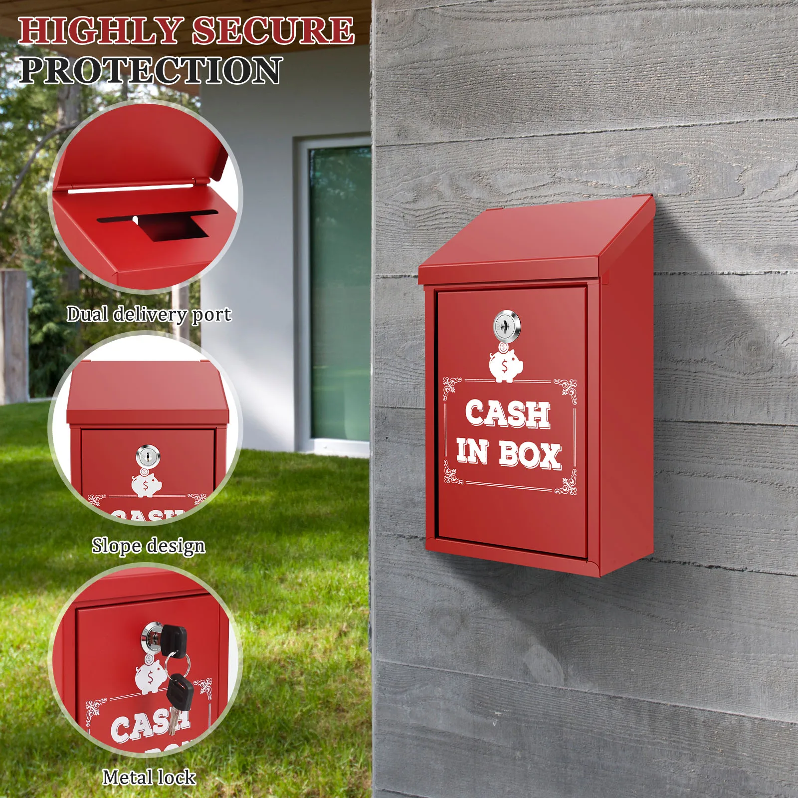 Lockable Cash Box Metal Wall Mounted Donation Box with Two Deposit Slot Waterproof Lockable Suggestion Box for Home and Office