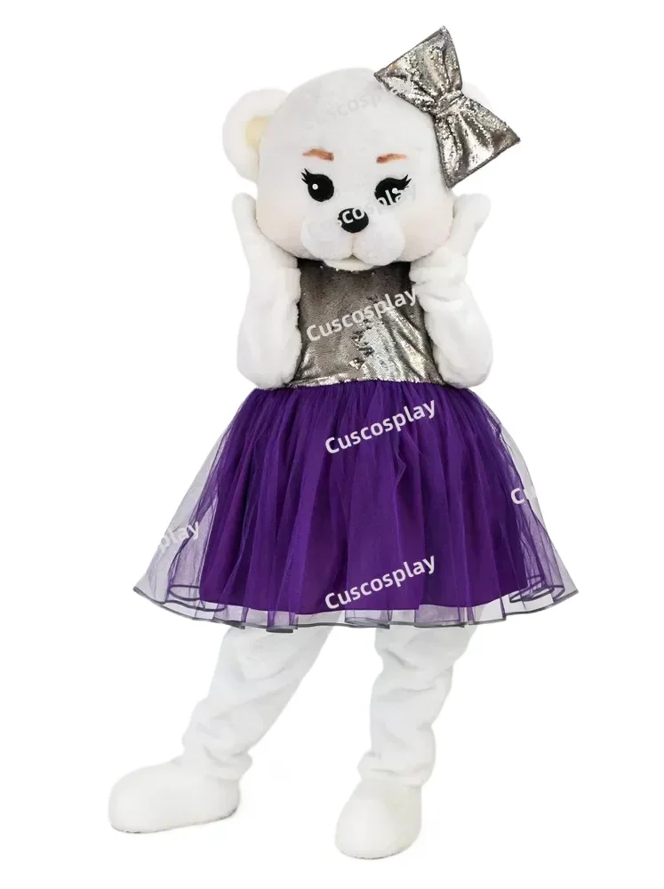 

Luxury Purple Dress White Bear Mascot Costume Cartoon Character Amusement Parkfunfair Animation Fancy Dress Halloween Party Suit