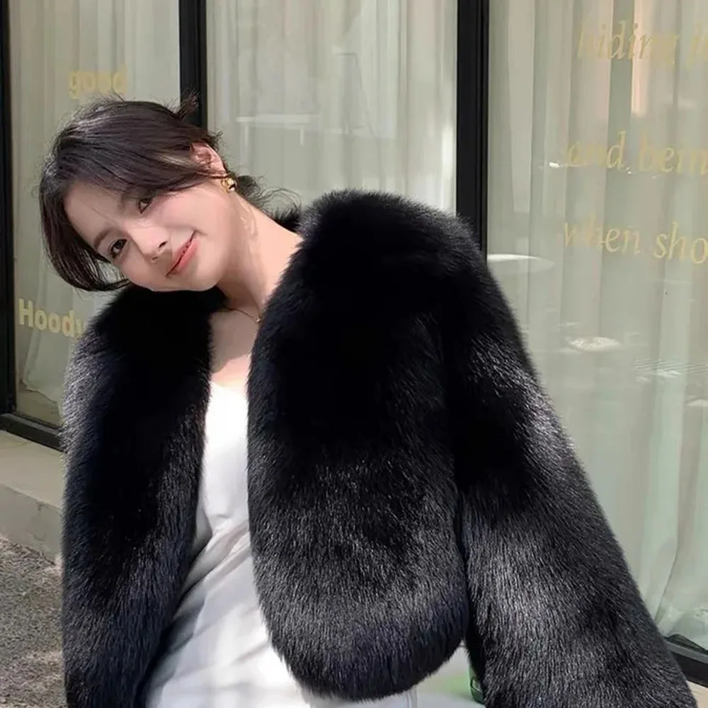 2023 Faux Fox Fur Short Jackets For Women Winter Plush Imitation Black Fox Fur Luxury Coat For Girls NEW Elegant Thicken Outwear