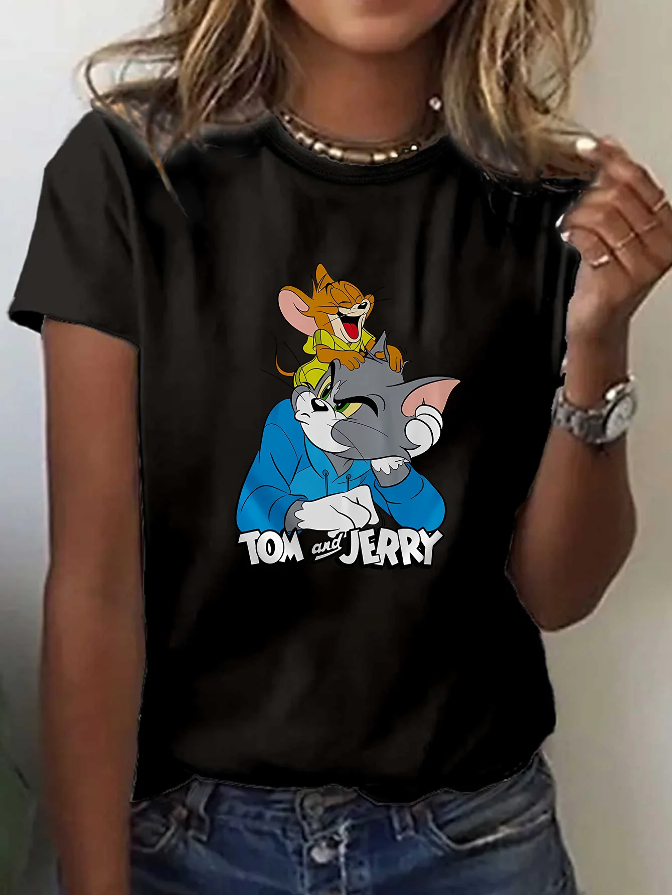 

2025 Women's Tom and Jerry Print T-Shirt Round Neck Short Sleeve Cotton Tee Cartoon Women T-shirt Brand Summer Clothing Y2k Tops
