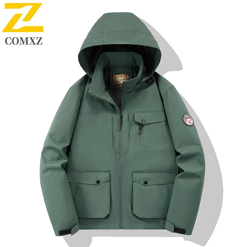 

COMXZ Men Jacket Hooded Collar Outdoor Camping Windproof Coat Casual Adventure Light and Thin Wear Resistant Spring Autumn Wear