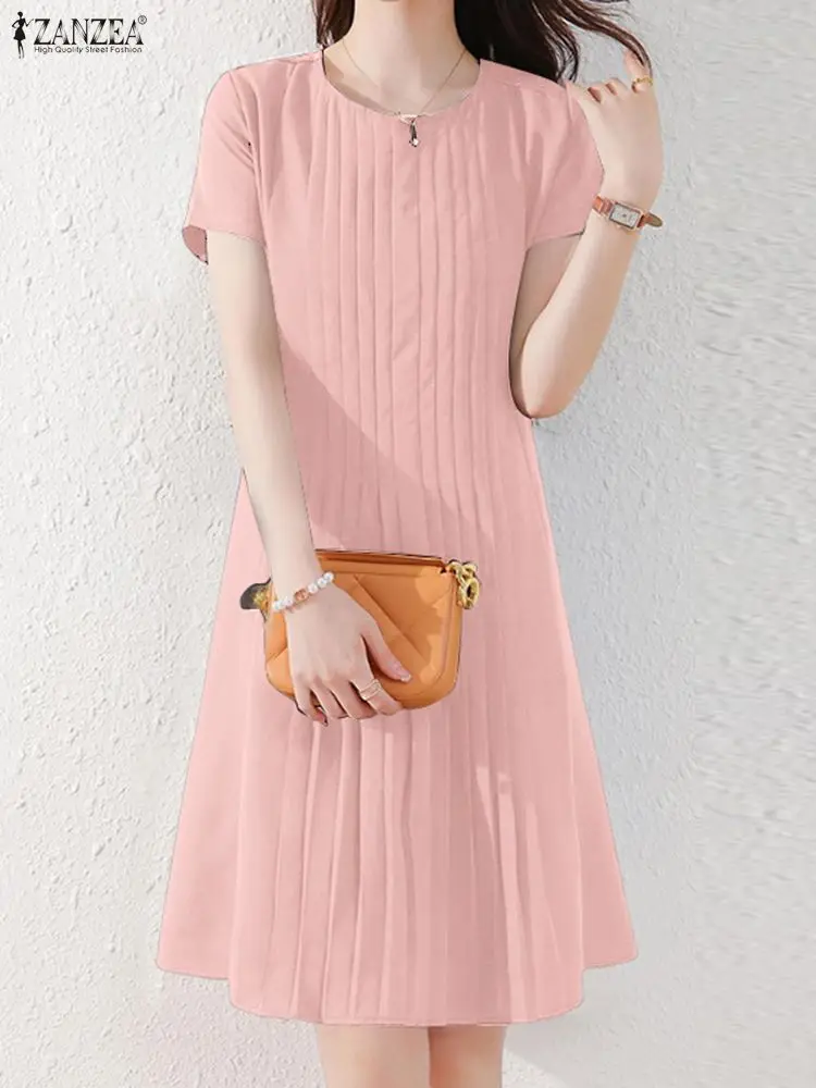 2025 ZANZEA vestido de verano para mujer, bata de manga corta hasta la rodilla, vestido elegante liso de corte A OL, vestido veraniego de trabajo, vestidos elegantes de oficina para mujer