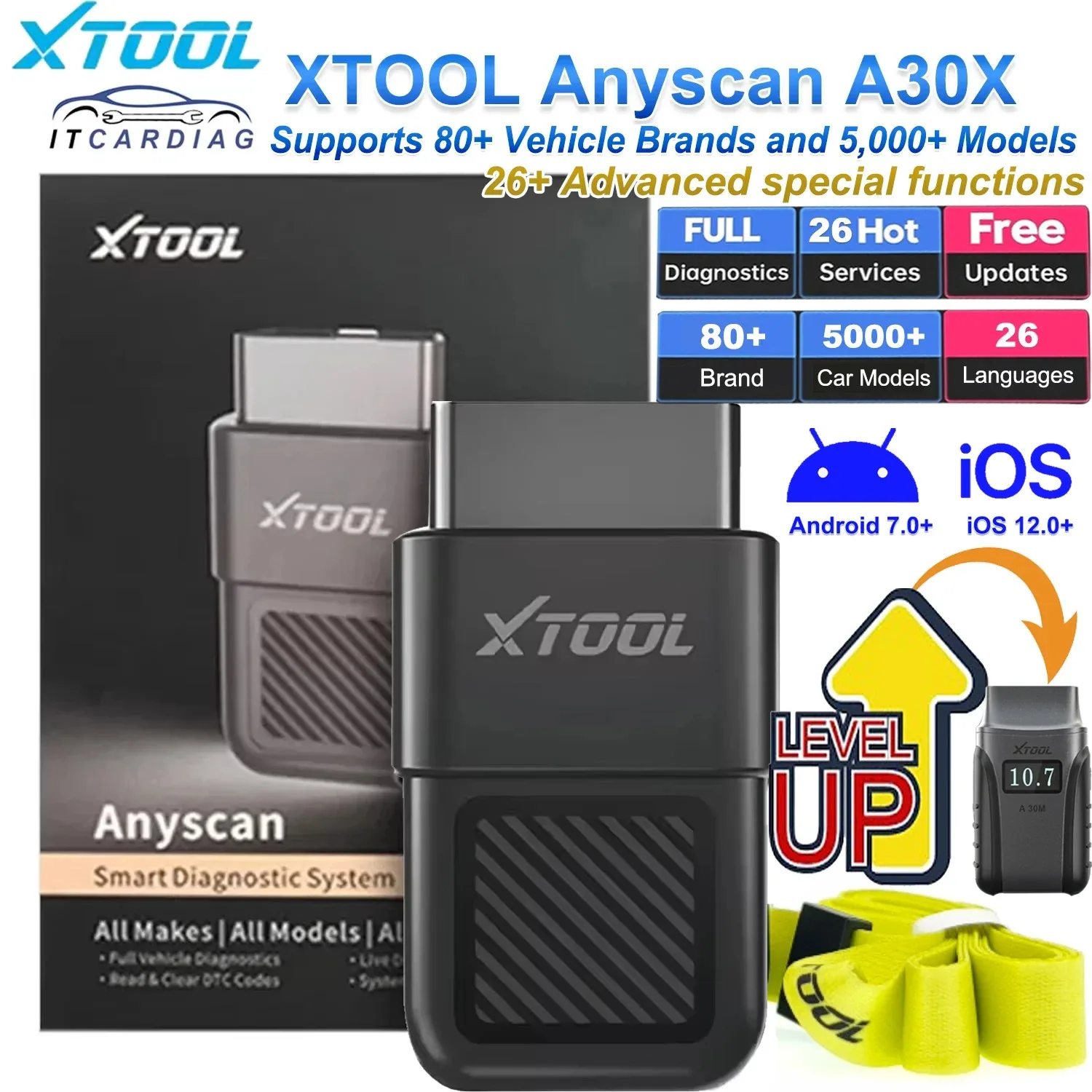 XTOOL Anyscan A30X OBD2 Code Reader Bluetooth Portable Wireless Scan Tool 26+ Advanced Special Functions PK A30M V2.0