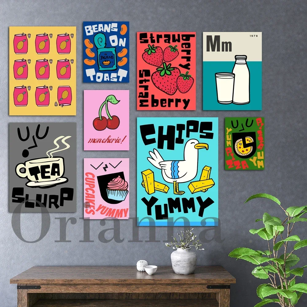 Granos tostados, leche, café, limón, Mojito, cóctel, pastel, Pizza, fresa, comida Vintage, cuadro sobre lienzo para pared, carteles, decoración del hogar
