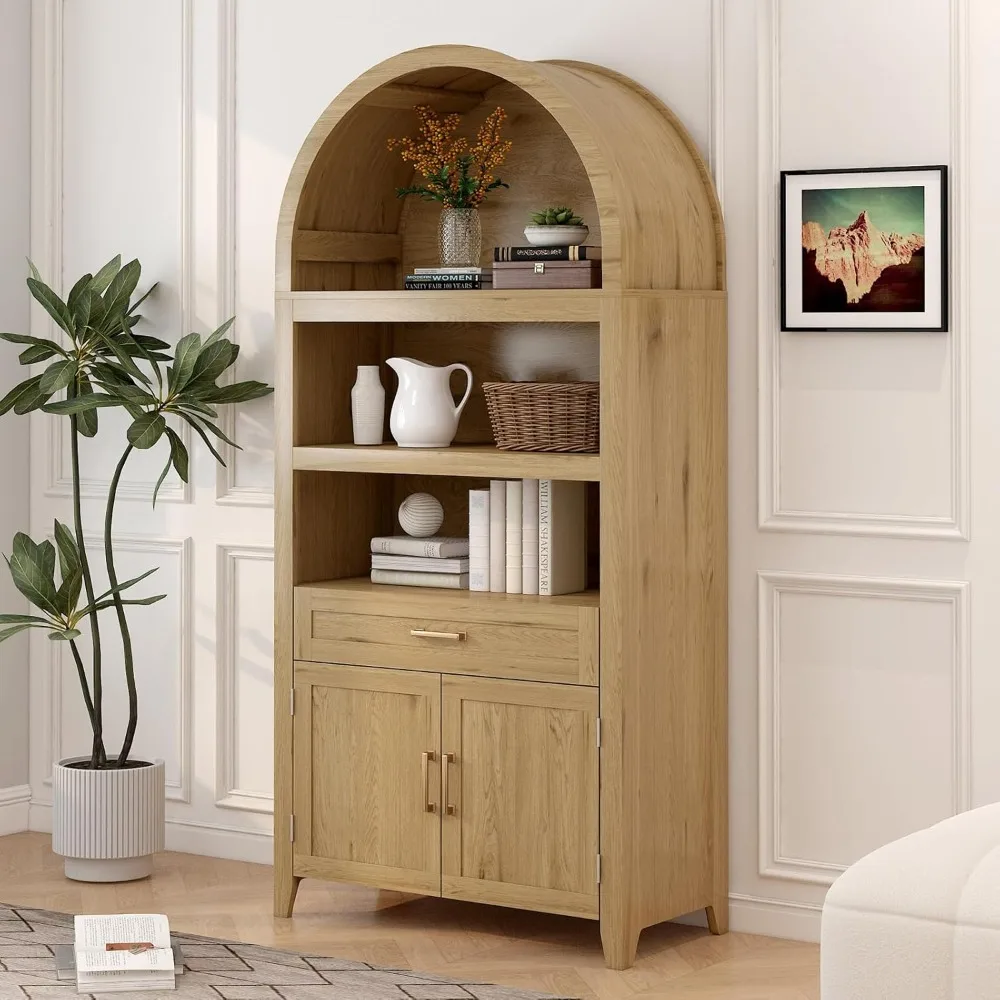 

Tall Arched Bookcases, Wooden Storage Cabinets with Doors, Shelves, and Drawers, Modern Farmhouse-style Multifunctional Cabinets