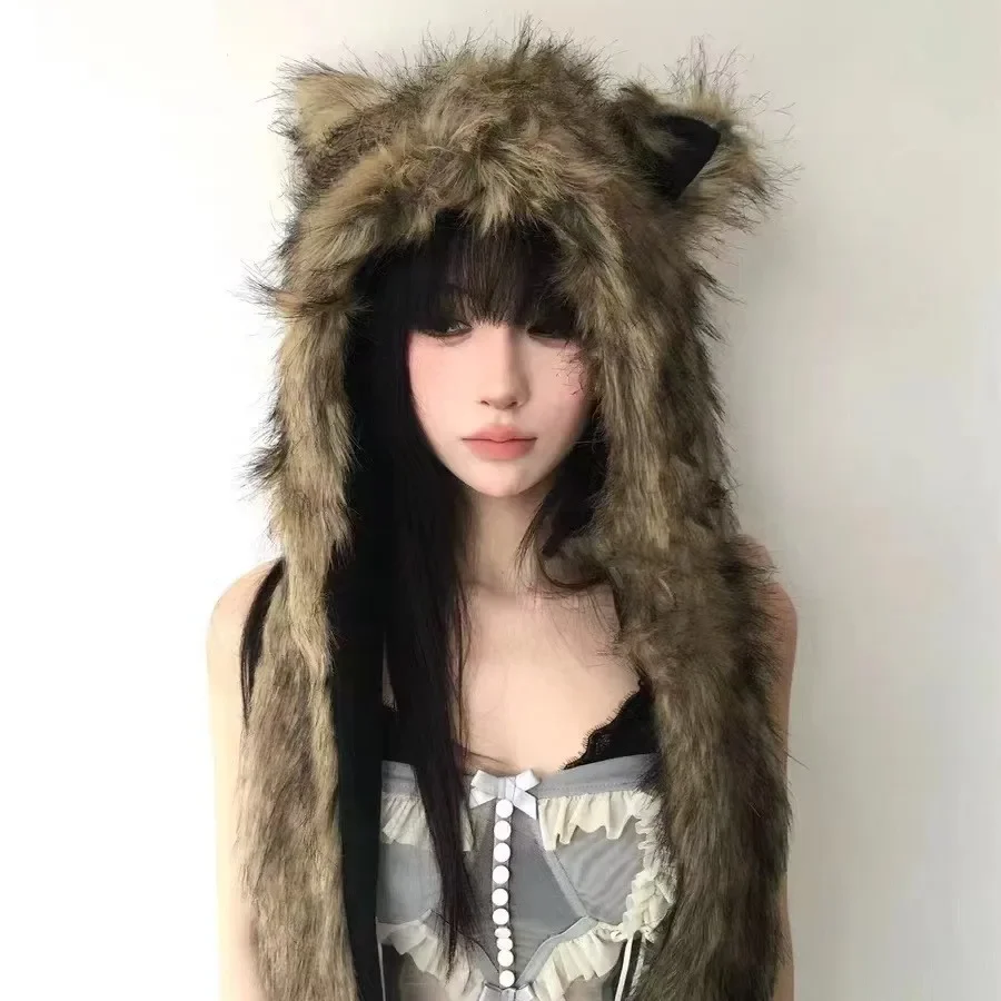 Fluffy Fox Ear Hat Scarf Set for Women, Winter Warm Fleece Ear Muffs Neck Warmer and Gloves Cold Weather Accessories