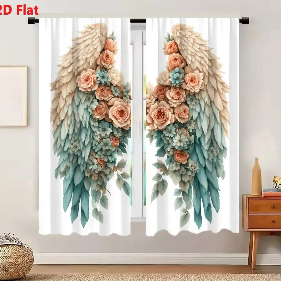 2Pcs Curtains Add 2D Flat Symmetrical Botanical Wings With Roses And Hydrangeas In Pastel Cream Peach Sage And Teal Window Drape