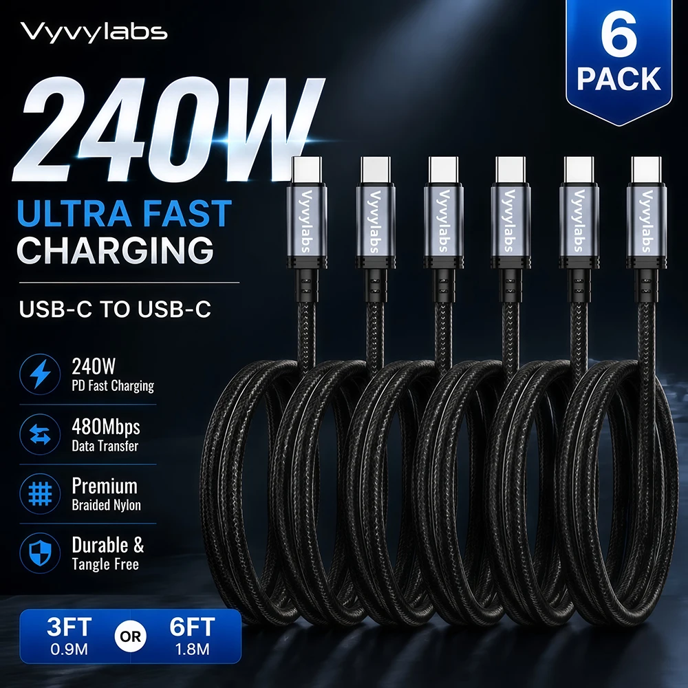 Vyvylabs 6er-Pack 240W geflochtenes USB-C-auf-USB-C-Kabel für schnelles Laden für iPhone 17 16 15 Pro Plus Max, für Galaxy S25 S24, für iPad MacBook