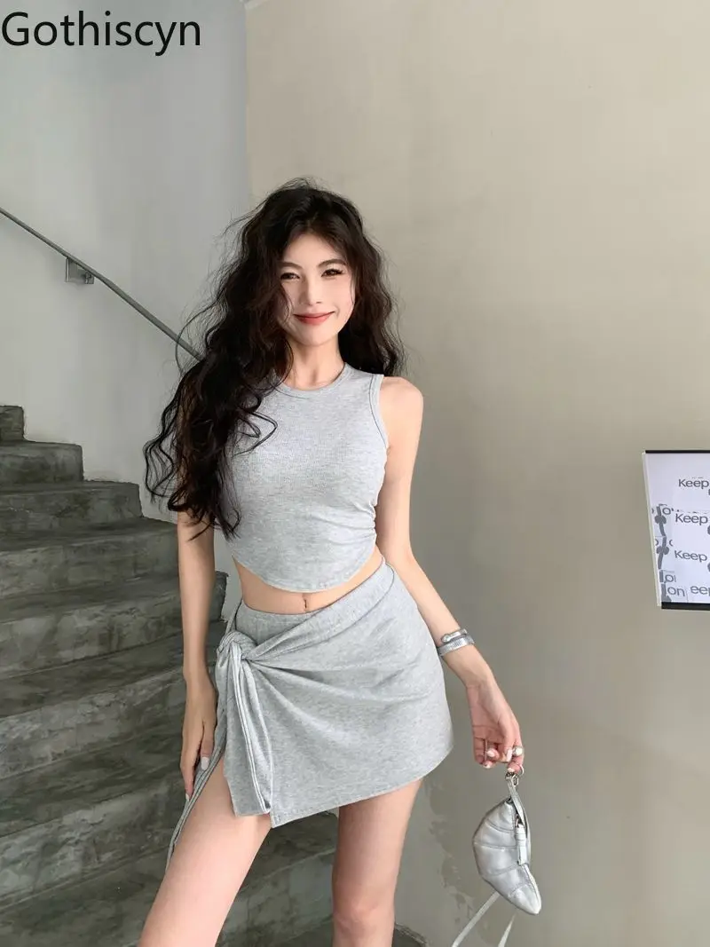 

Gothiscyn Casual Set Women's Summelace-up Irregular Skirt Shorts O-neck Slimming Tank Top Two-piece Set Fashion Female Clothes
