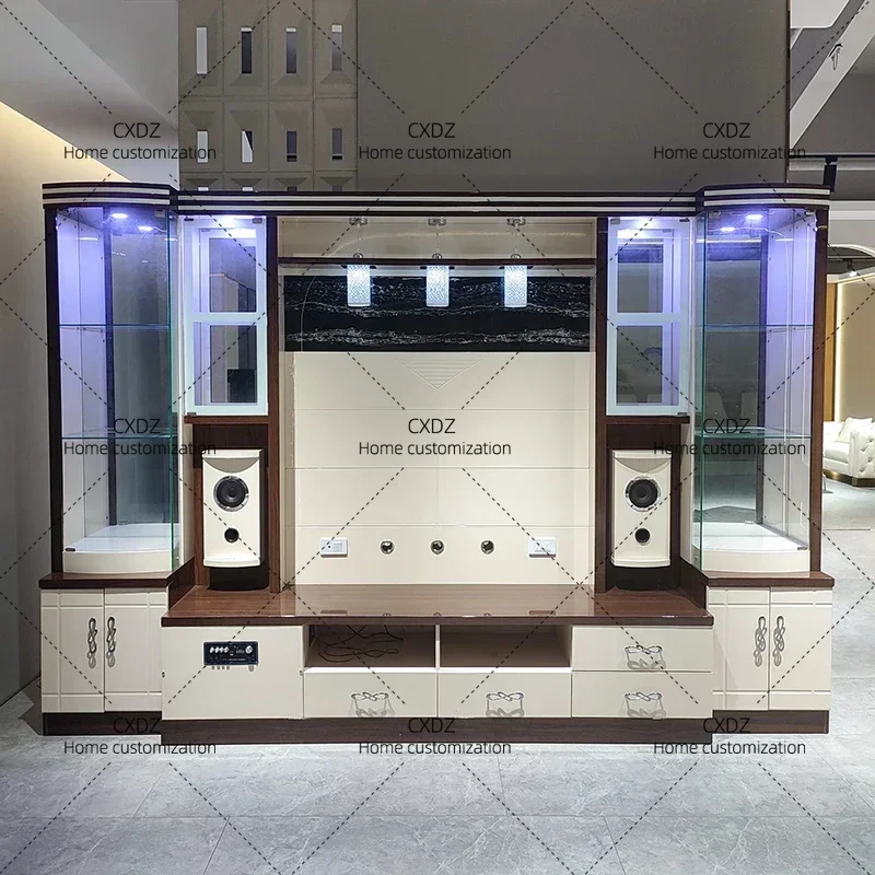 XXModern Dark Wood TV Cabinet with Large Screen TV Area and Glass Door Display Case with Coordinating Speakers
