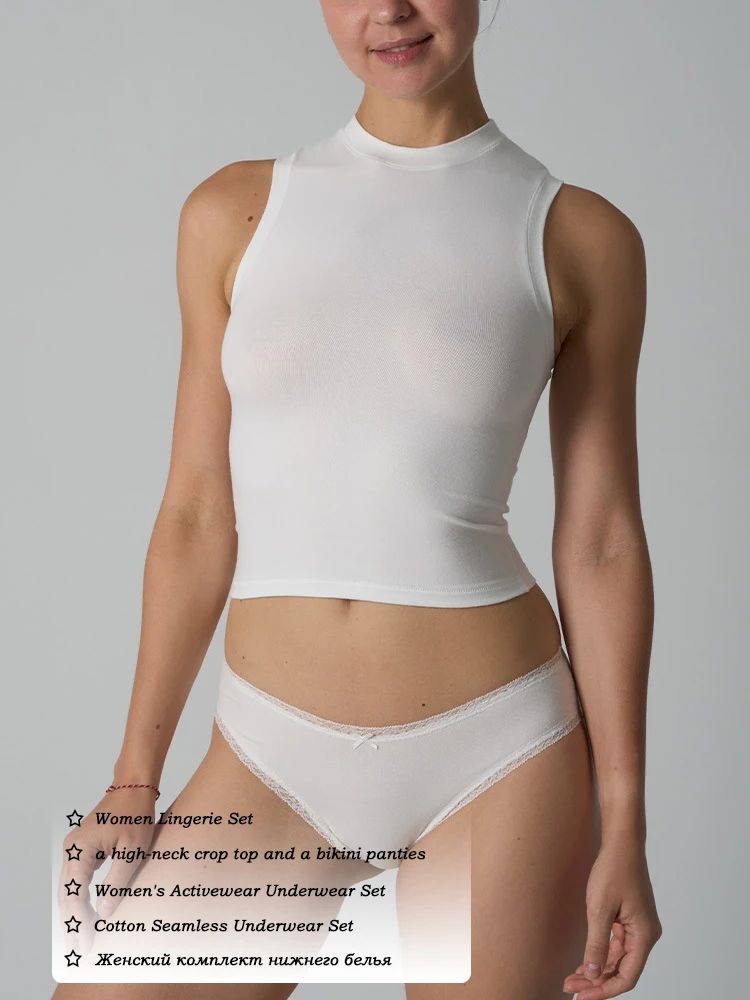 

VITALINOVO Women Lingerie Set High Neck Crop Cami Top and Bikini Panty Set 2 Piece Soft Cotton Blend Underwear Sportwear Suits