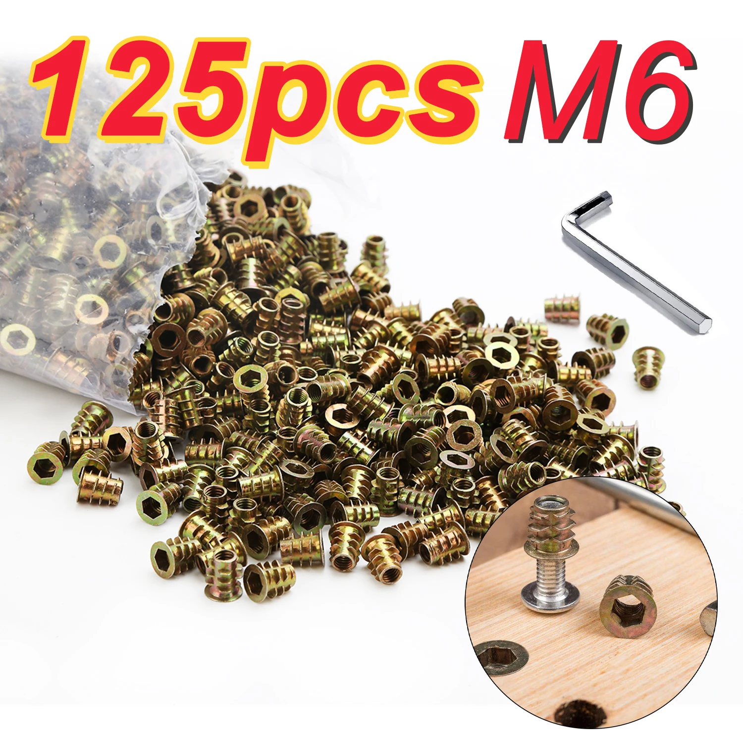 125pcs M6 Threaded Insert Nuts, Hex Drive Screw-in Fasteners, for Wood Furniture, (with 1 Hex Key)