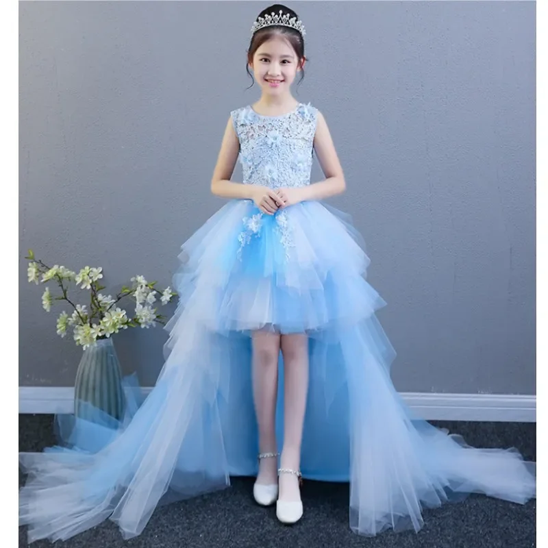 

Trailing Appliques Light Blue First Communion Dress Girl Party Gown Kids Baby Pageant Gown Flower Girl Dress for Wedding