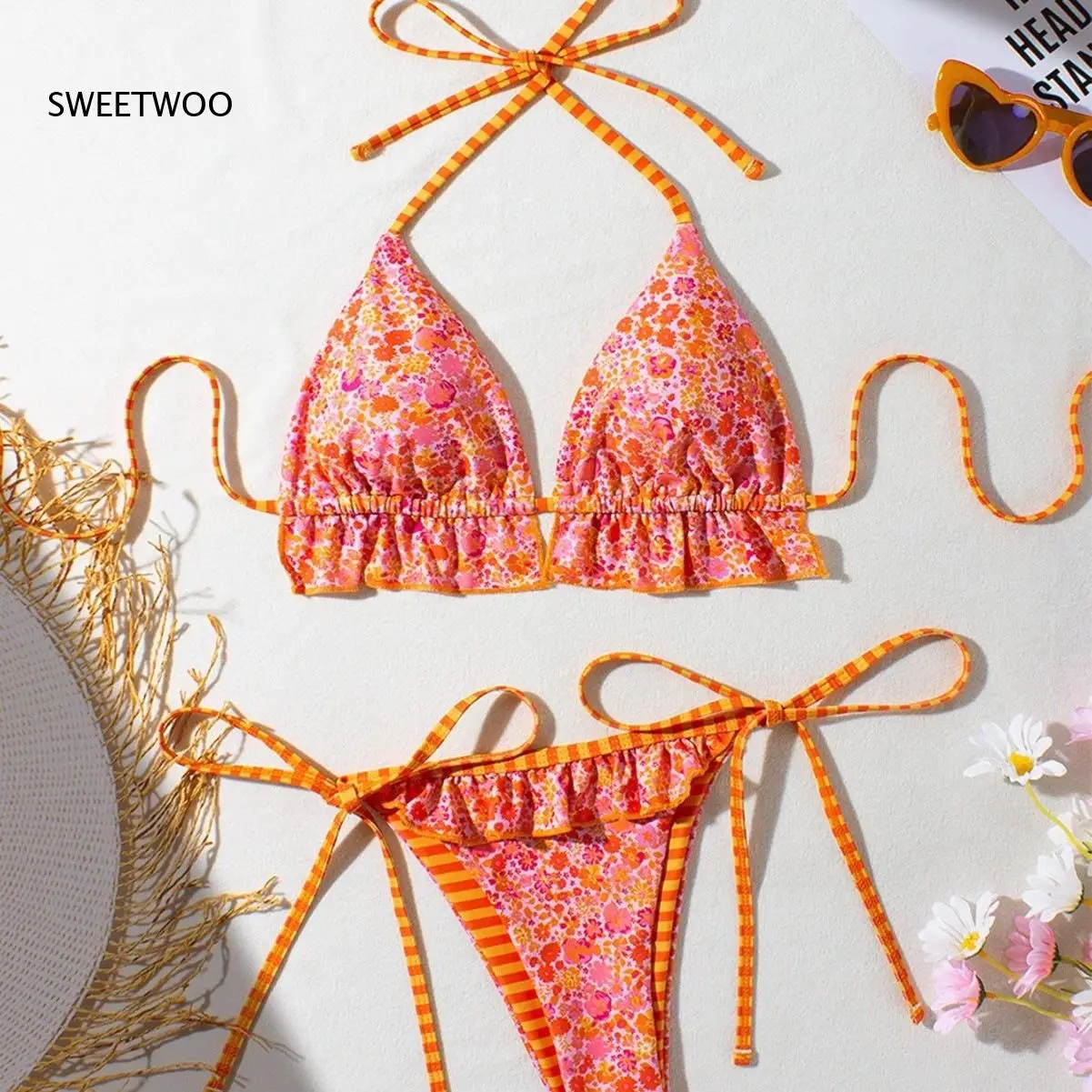 Women Orange Floral Print Ruffle Halter Triangle Bikini Set Tie Side Bottom String Swimwear Summer Beach Bathing Suit