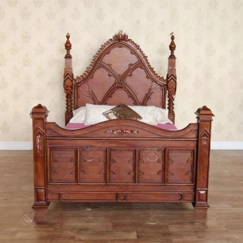 

American retro carved solid wood bed French large apartment master bedroom 1.8 meters walnut