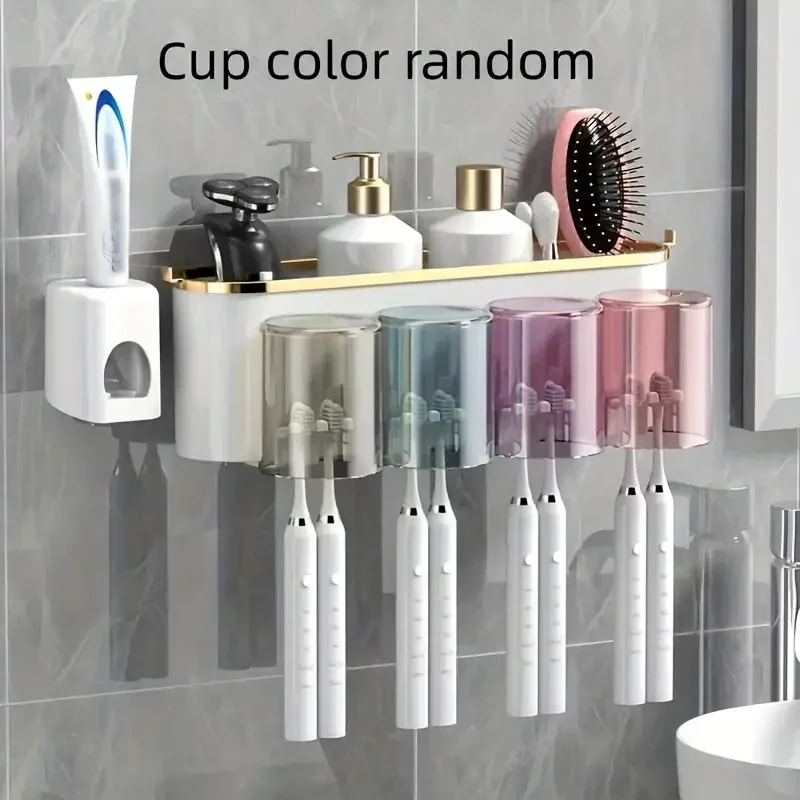 

1 Set Multifunctional Toothbrush Rack and Mug Holder Wall Mounted Toothpaste and Mouthwash Storage with Toothpaste Squeezer