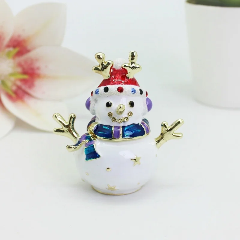 SHINNYGIFTS Emamel Metal Snowman Trinket Box with Hinged Hand Painted Jewelry Box Home Decor Gift for Christmas Birthday Easter