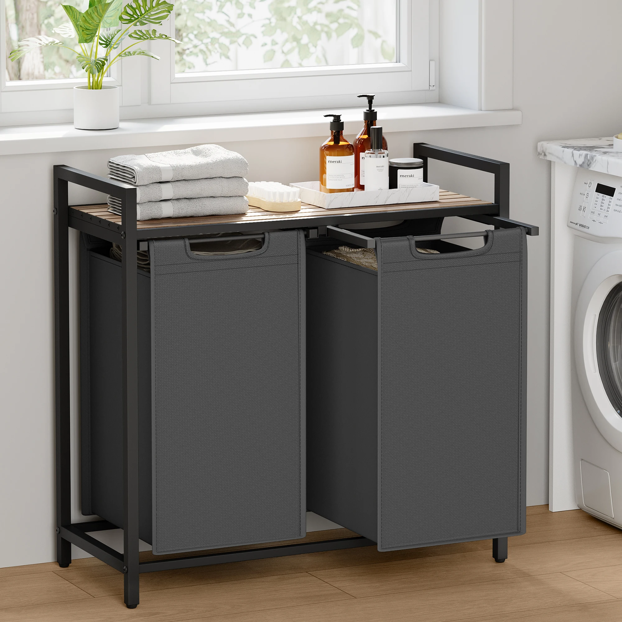 VASAGLE wasmand 2-handventilator Wasverzamelaar met opbergruimte, wasbox, waszak van Oxford-stof Uitschuifbaar afneembaar metalen frame