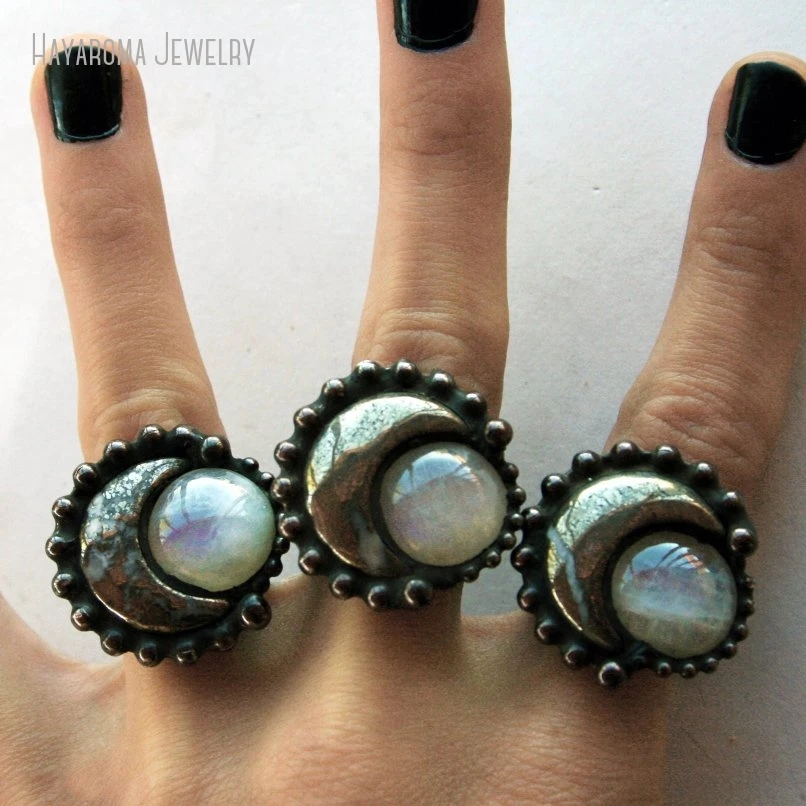

10pcs Pyrite Moonstone Crescent Moon Statement Ring Women Gothic Witch Emo Accessories Wicca Pagan Gothic Grunge Jewelry