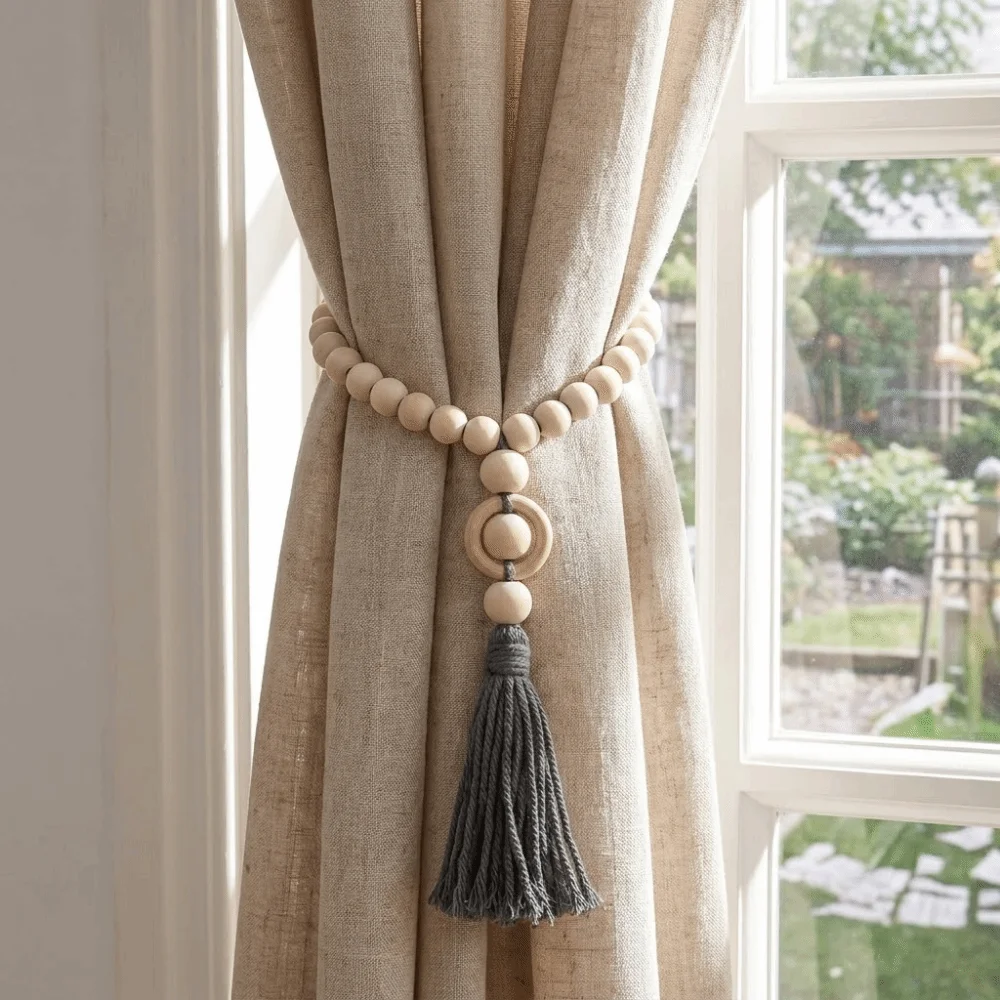 Rustic Wooden Beads Curtain Holdbacks Bohemian Style with Tassels Curtain Ties Decorative Curtain Rope Bundle Bedroom Decor