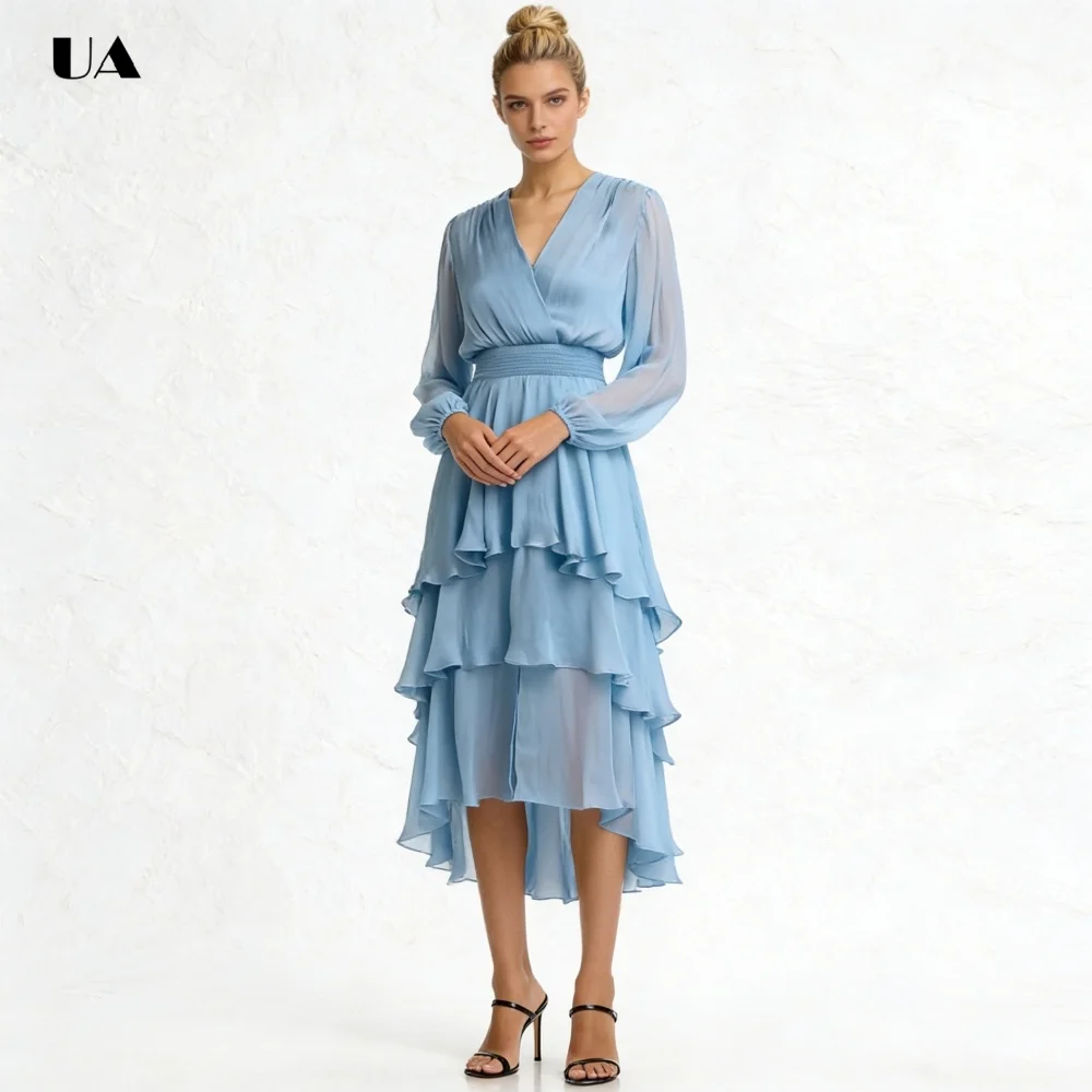 

ULBYANRY Simple Prom Dress with Smocked Waist Solid Tiered Ruffled Chiffon Evening Dress with Long Sleeves Customized Party Gown