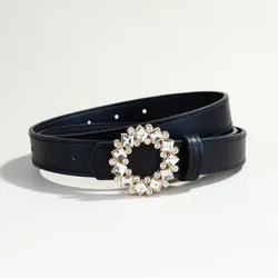 Hollow Alloy with Diamonds Belt Vintage Rhinestone Buckle Suede Belt for Women Casual Versatile PU Waist Belt