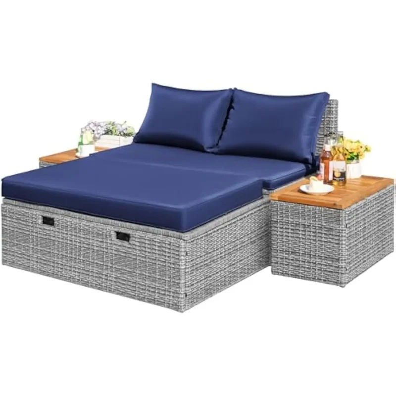 

Многофункциональное кресло из ротанга для отдыха на открытом воздухе с подставкой для ног и двумя боковыми столиками, включает в себя подушки и хранилище для использования в патио.