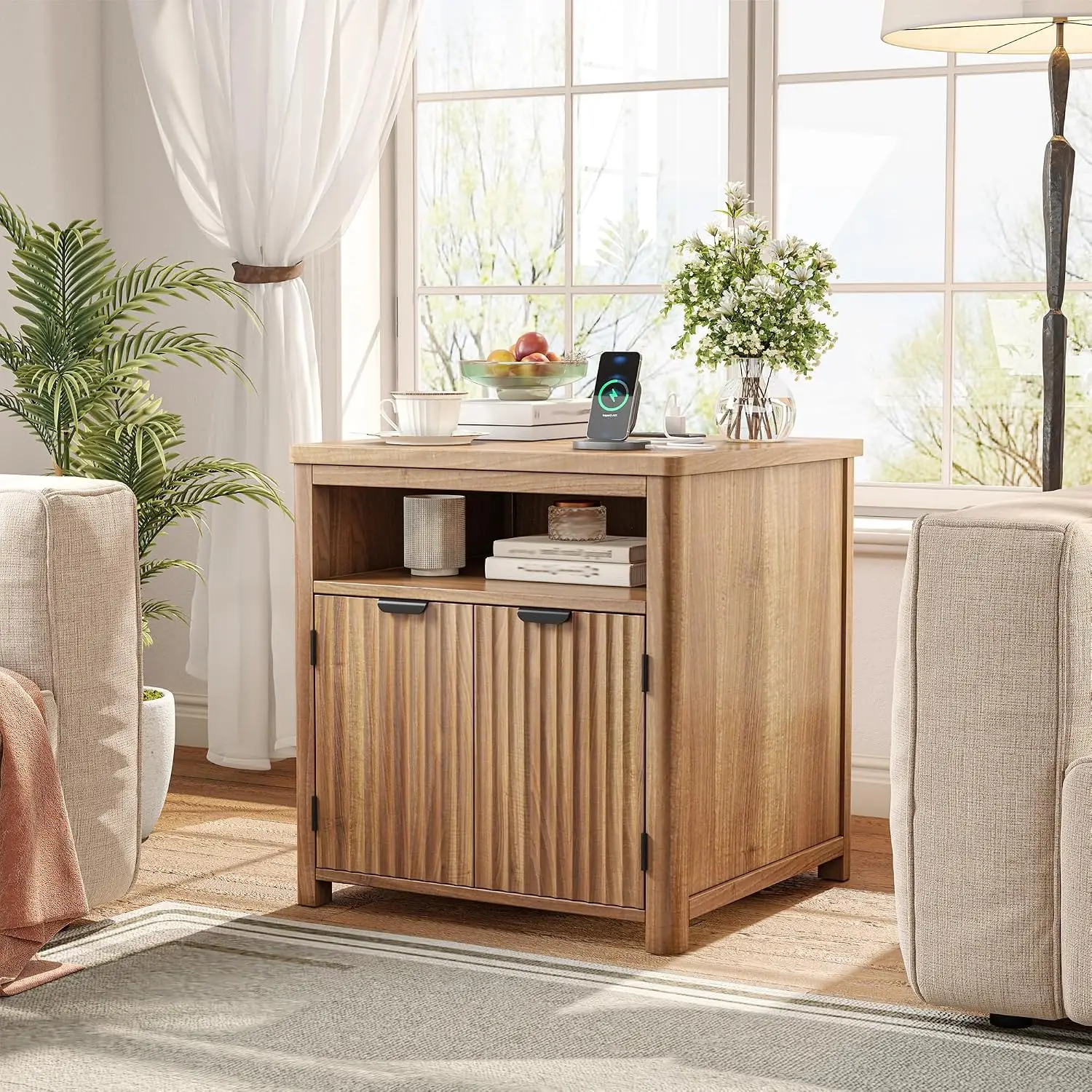 Fluted Nightstand Set 2 with Charging Station, Wood Bedside Table Storage, Modern Farmhouse Bedroom End Table Walnut, Customized