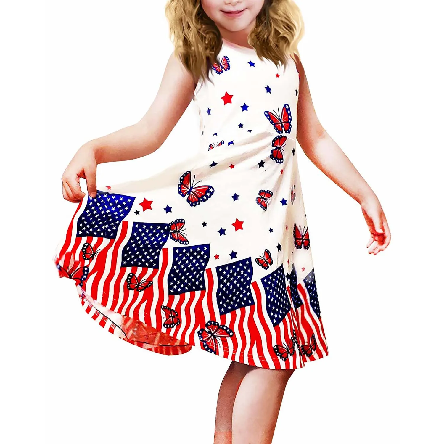 YZYmanualroom Party Dress 4th July Little Girls Sleeveless Dresses Casual Printed Twirl 2-15T