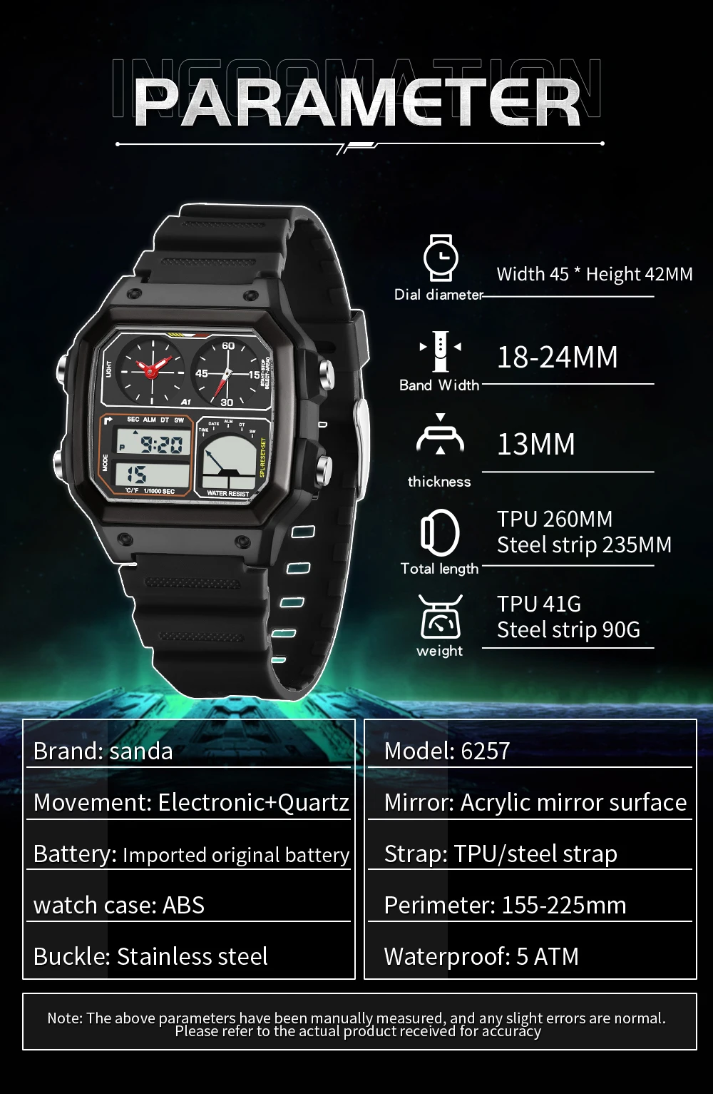 SANDA جديد 6257 ساعة الطالب TEMU متعددة الوظائف قياس درجة الحرارة ساعة مربعة موضة رياضية مربع 2025 #5