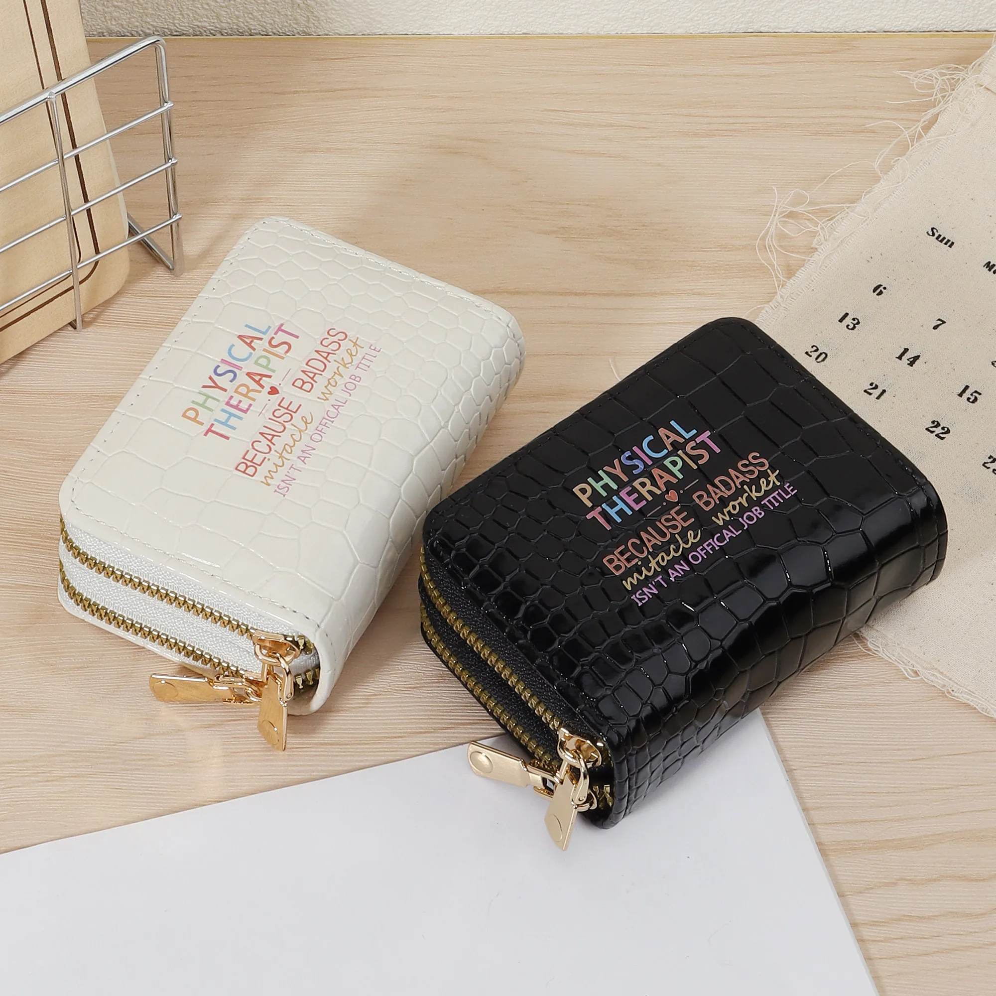 Versatile Women's Minimalist Short Wallet, Double Zipper Around Clutch Purse, Lightweight Crocodile Embossed Card Holder