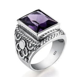 Massive 925 Sterling Silver Thick Men's Rings Amethyst Vintage Art Deco Revival Vintage Male Jewelry Party Gift For Husband