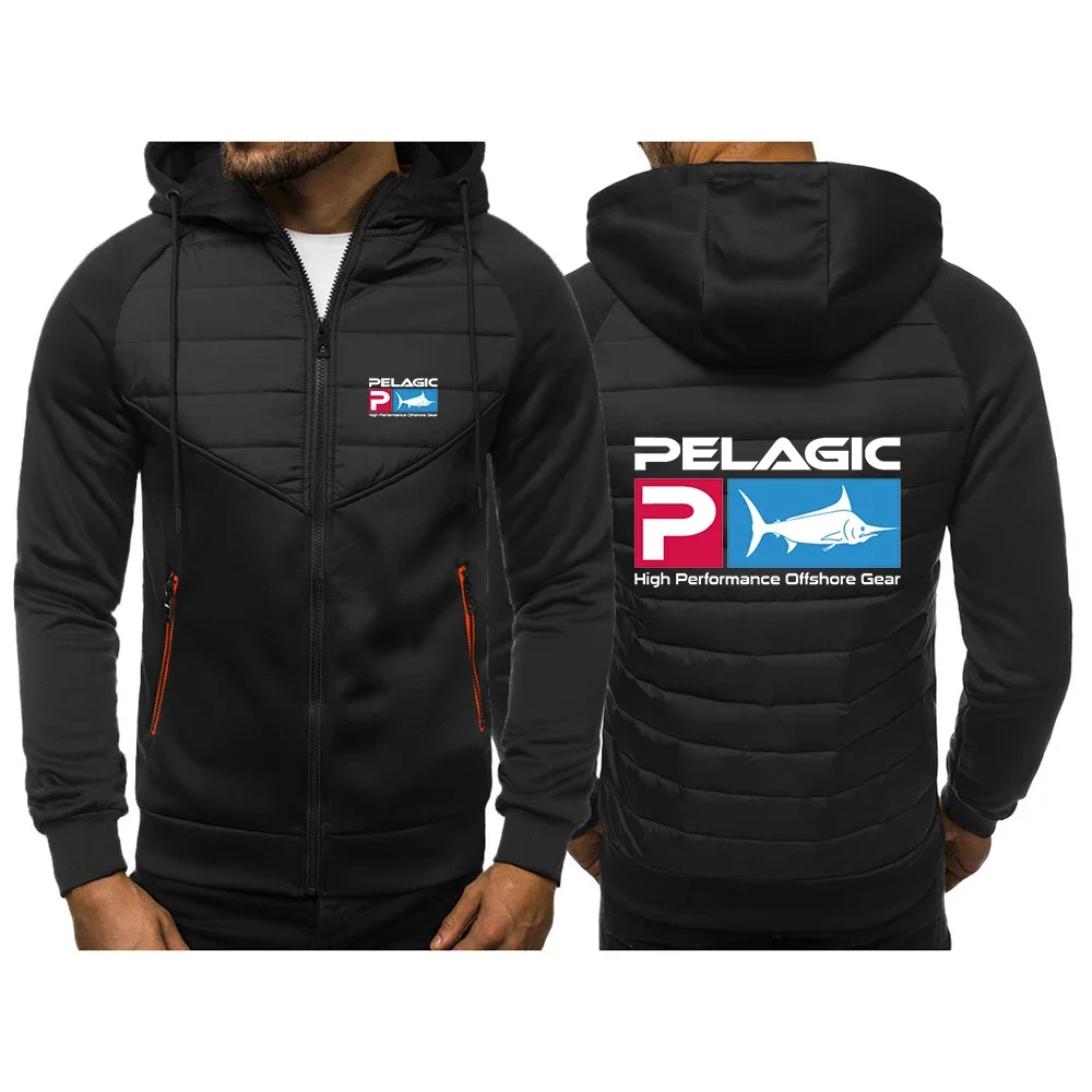 

Куртка Pelagic с капюшоном и логотипом рыбалки, новинка 2024, трехцветная, повседневная мужская приталенная куртка на молнии с длинным рукавом, в стиле пэчворк, весна-осень