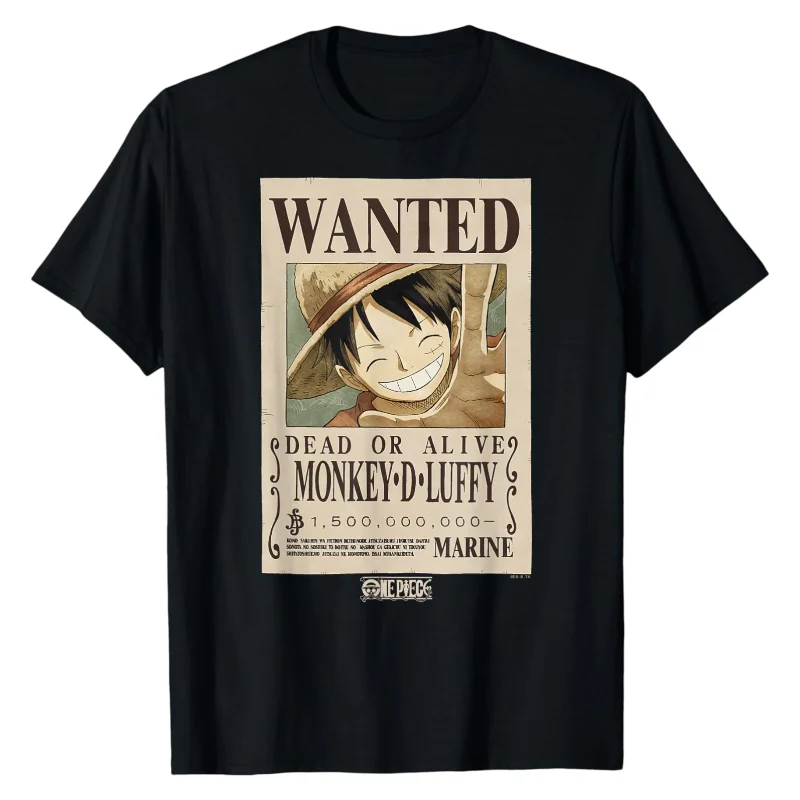 Camiseta One Piece con estampado gráfico del cartel de recompensa de Luffy, cuello redondo, 100% algodón suave, alta calidad, para uso diario informal.