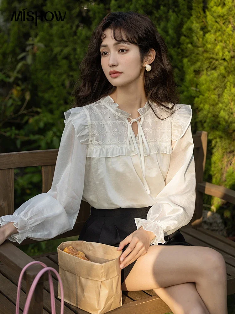 MISHOW Lace-up Blouse Women 2023 Spring French Elegant Pullover Tops Sweet Petal Sleeve Shirts Solid Female Clothing MXC11X0406